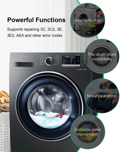 Front view of front load washer showing drum and control panel for Washer Inverter Control Board Replacement For Front Load Washers WF56 WF42 WF45 WF50 WV55 And More Plug And Play Compatible With 3C 3C2 3E2 AE6 Drum Fault Errors AP5916768 3996733.