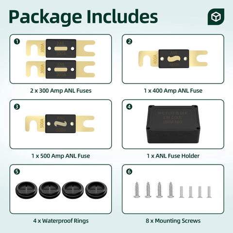 Beefy Heavy Duty Dual Fuse Holder Kit With 300A And Up To 1000A Capacity Waterproof Marine Grade components shown in package