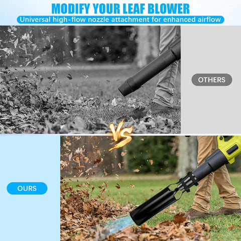 Comparison of Turbo Leaf Blower Air Booster Kit with Universal Cordless High Flow Nozzle Extension on lawn
