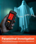 3 In 1 EMF Meter Detector For Electric Field, Magnetic Field, And RF Radiation, Handheld Safety Gear For Home, Office, And DIY Audits For Better Health And Safety Insights. Handheld black EMF meter in a hand during paranormal audit.