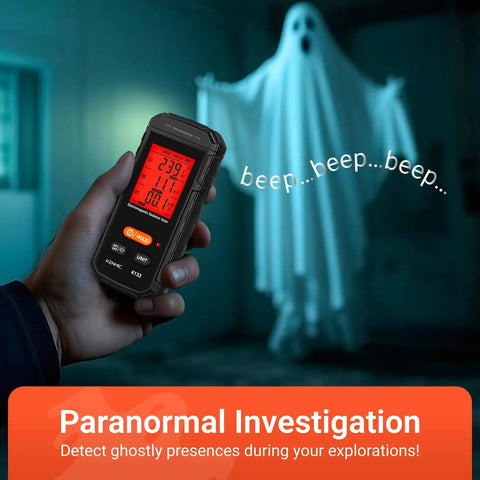 3 In 1 EMF Meter Detector For Electric Field, Magnetic Field, And RF Radiation, Handheld Safety Gear For Home, Office, And DIY Audits For Better Health And Safety Insights. Handheld black EMF meter in a hand during paranormal audit.
