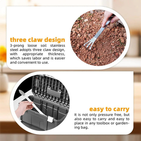 Person using Three Prong Root Rake For Gardening Stainless Steel Easy To Use Soil Loosener Tool Set For Bonsai And Plants Durable Corrosion Resistant Rake Great For Roots And Soil Aeration For Plant Nerds in soil, with three-prong design detail visible.