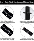 Heavy Duty Piano Hinge 48 Inch By 1.5 Inch Black Stainless Steel Continuous Hinge with countersunk mounting holes and screws.