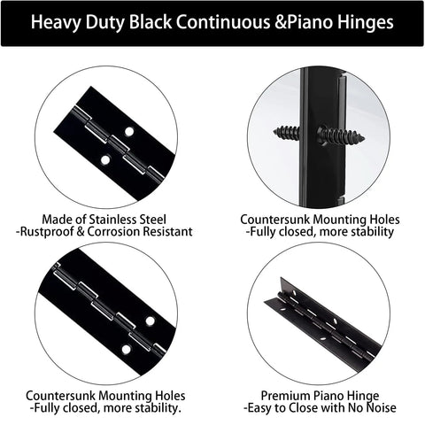 Heavy Duty Piano Hinge 48 Inch By 1.5 Inch Black Stainless Steel Continuous Hinge with countersunk mounting holes and screws.