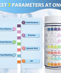 Image showing 7 In 1 Spa And Pool Test Strips, 150 Count Water Testing Kit for Chlorine, Bromine, PH, with easy color chart for readings.