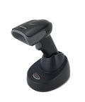 Voyager XP 147X Series Barcode And Area Imaging Scanner Kit With Wireless USB And RS232, shown with cradle and power supply, front view.
