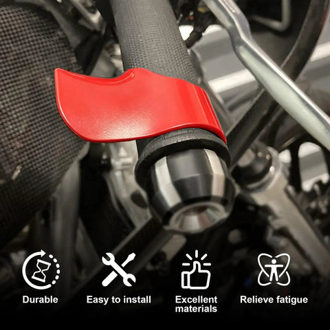 Close-up of Road Ready Motorcycle Cruise Control Throttle Assist Lever Fits Seven Eight Inch Handles, red ABS plastic for comfort.