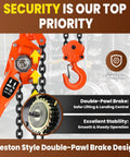 Image of 6 Ton Manual Lever Chain Hoist with 10 Foot Lift and 2 Hooks, showing G80 chain and double-pawl brake design for warehouse lifting.