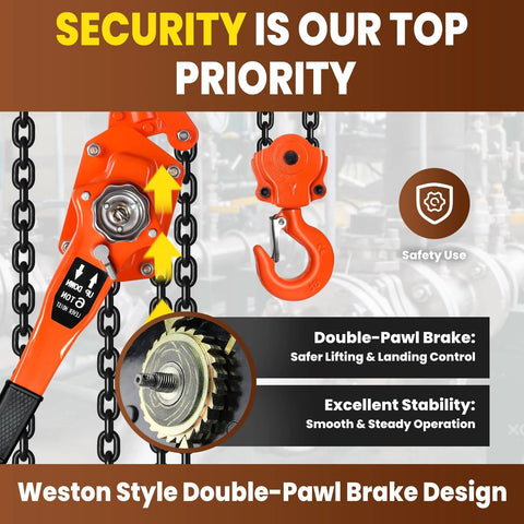 Image of 6 Ton Manual Lever Chain Hoist with 10 Foot Lift and 2 Hooks, showing G80 chain and double-pawl brake design for warehouse lifting.