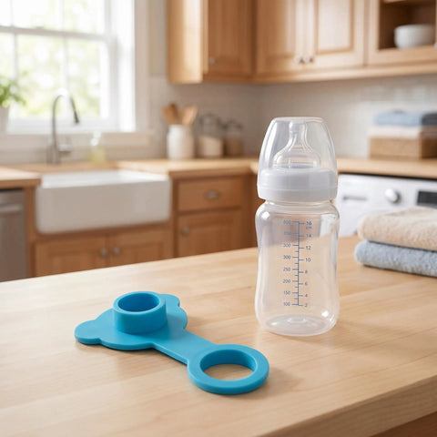Silicone Bath Stopper for Bathtubs, Blue Drain Plug next to clear baby bottle on wooden kitchen countertop.