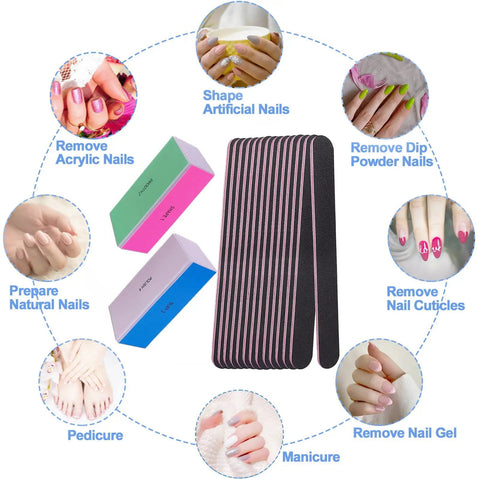 All In One Nail File And Buffer Set With 4 Way Buffers Shine Kit showing nail care uses, including emery boards and buffers.