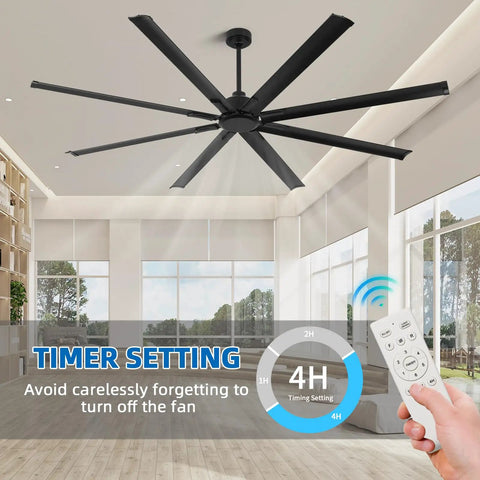 96 Inch Heavy Duty Industrial Ceiling Fan With Reversible DC Motor No Lights 6 Speed Remote 8 Aluminum Blades Black in Room