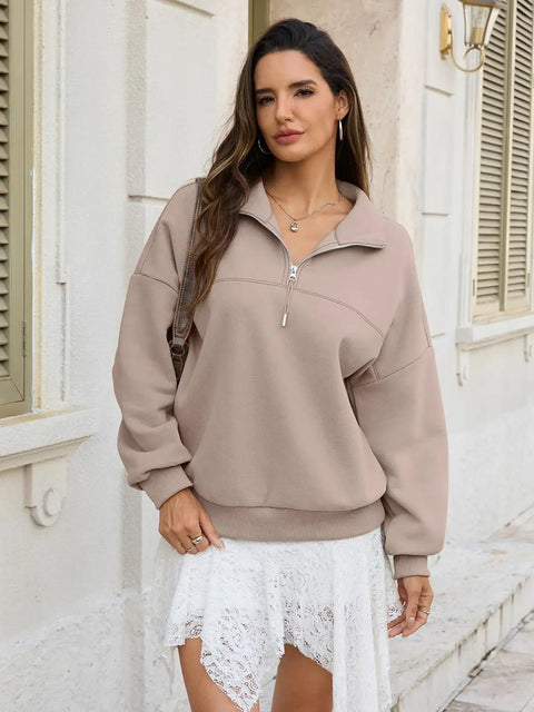 Cozy Oversized Women Quarter Zip Fleece Sweatshirt With Half Zip Collared Long Sleeve Pullover For Fall And Winter Soft Cotton Polyester Blend