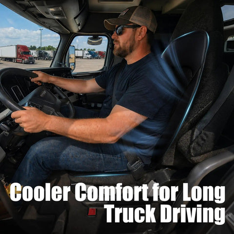 Driver using Beat The Heat With A Universal Cooling Car Seat Cover, 12V-24V, 3-Speed Air Cooled Seat Cushion For Cars, Trucks, SUVs, And Office.
