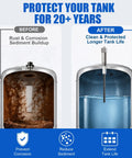 Before and after image showing rust in a water tank and the clean water after using Titanium Powered Anode Rod For Water Heaters That Keeps Your Hot Water Flowing Smooth And Shields Your Water Tanks From 40 To 89 Gallons.