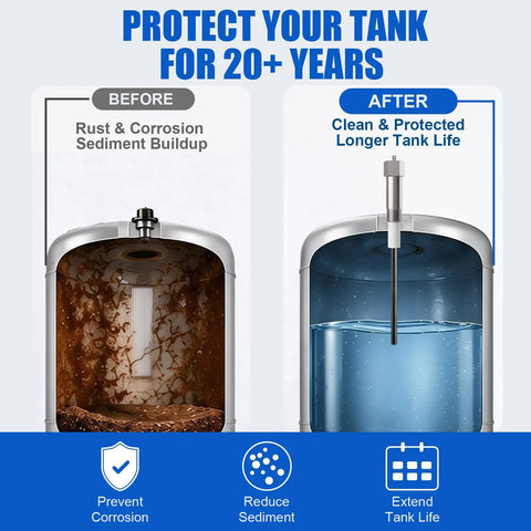 Before and after image showing rust in a water tank and the clean water after using Titanium Powered Anode Rod For Water Heaters That Keeps Your Hot Water Flowing Smooth And Shields Your Water Tanks From 40 To 89 Gallons.