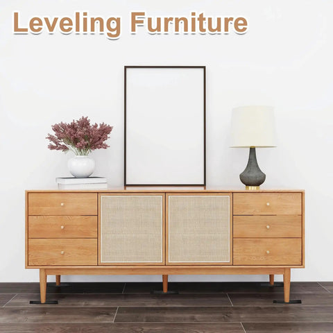 Wooden sideboard leveled using 24 Pack Composite Leveling Shims And Wedges, 7.87 Inch Black Plastic Shims for furniture stability.