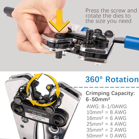 Heavy Duty Battery Lug Crimp Tool With Cable Cutter and 12 Copper Lugs Set, Crimps AWG 8 to 1/0 cables, hand using tool.