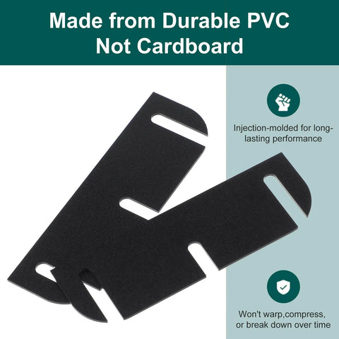 Door Hinge Shims Repair Kit showing black 3.5 inch hinge spacers, featuring durable PVC material for door alignment and sag fix.