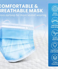 Blue Disposable Face Masks Pack Of 100, 3-Ply Breathable Nonwoven Masks for Adults and Teens, shown with comfort features