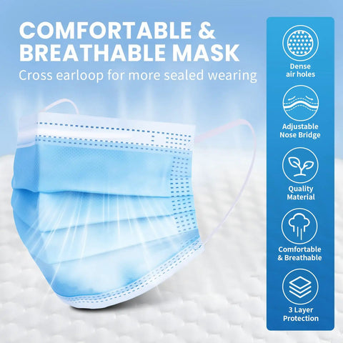 Blue Disposable Face Masks Pack Of 100, 3-Ply Breathable Nonwoven Masks for Adults and Teens, shown with comfort features