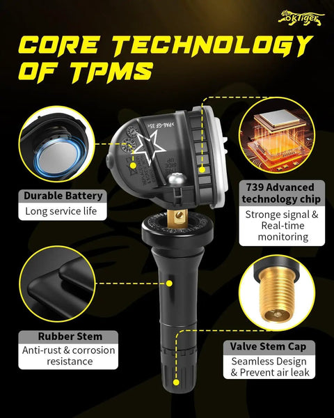 Core technology details of Preprogrammed 315Mhz Tire Pressure Monitoring System Sensors for GMC with battery, chip, and rubber stem.