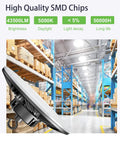 Ultra Bright 300W UFO LED High Bay Light 43500 Lumens 5000K Daylight 0 10V Dimmable IP65 Waterproof in warehouse setting