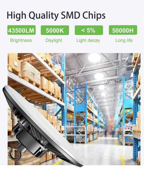 Ultra Bright 300W UFO LED High Bay Light 43500 Lumens 5000K Daylight 0 10V Dimmable IP65 Waterproof in warehouse setting