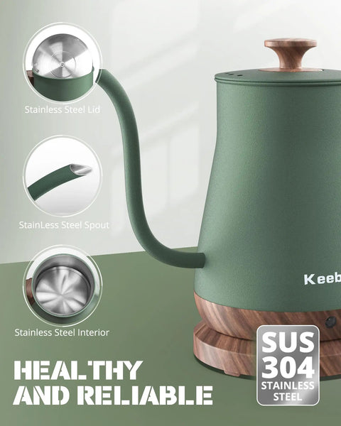 Gooseneck Electric Kettle 0.8L 1000W Stainless Steel Pour Over Kettle For Coffee And Tea With Auto Shut Off Wood Grain Handle in Matcha Green