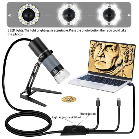 1080P Handheld Digital Microscope With 50X To 1000X Magnification, On The Go Portable USB Microscope With Adjustable Stand, 4 In 1 Cable Connection For iPhone Android Mac Windows PC, Great For Hobbyists And Fieldwork, adjustable LED lights