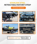 Collage showing installation and use of 2 Pack Stainless Steel Retractable Ratchet Straps 1 7/8 In x 4 Ft on boats and trailers.