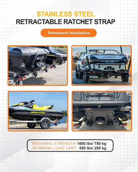 Collage showing installation and use of 2 Pack Stainless Steel Retractable Ratchet Straps 1 7/8 In x 4 Ft on boats and trailers.