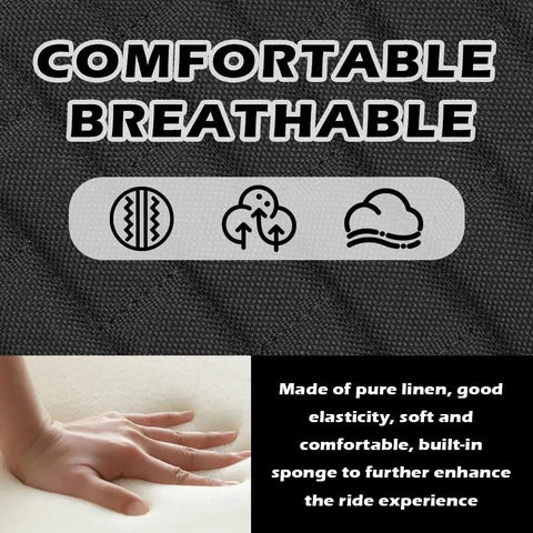 Close-up of breathable linen texture and hand on cushioned fabric, highlighting comfort of Back Seat Cover For Car, Breathable Linen Bench Seat Protector with 2 Storage Pockets, Non Slip Grip, Super Comfy Cushioned Comfort, Easy Install, Keeps Seats Cool And Clean For Road Trips And Daily Drives.