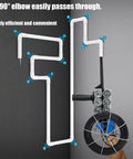 Pro Grade Cordless Electric Fish Tape And Wall Wiring Machine, showing 90° elbow and black wire reel in use.
