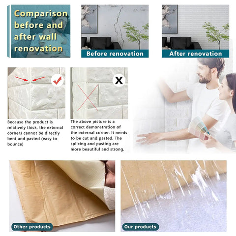 Comparison of wall before and after using 40 Pack White 3D Wall Panels Peel And Stick Self Adhesive Waterproof Brick Foam Sheets