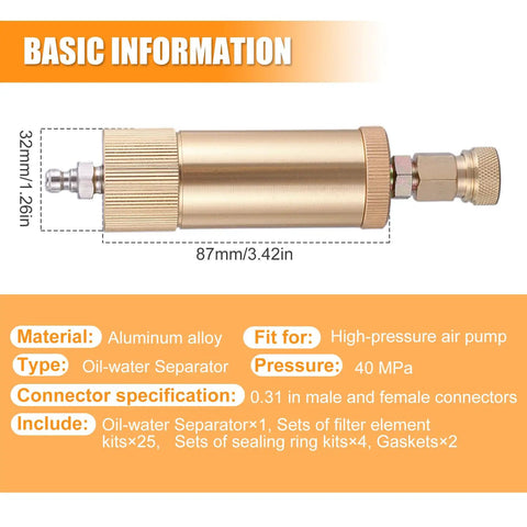 Beefed Up Heavy Duty High Pressure PCP Air Filter Oil Water Separator 40MPa 5800 PSI with 8mm quick connect, dimensions