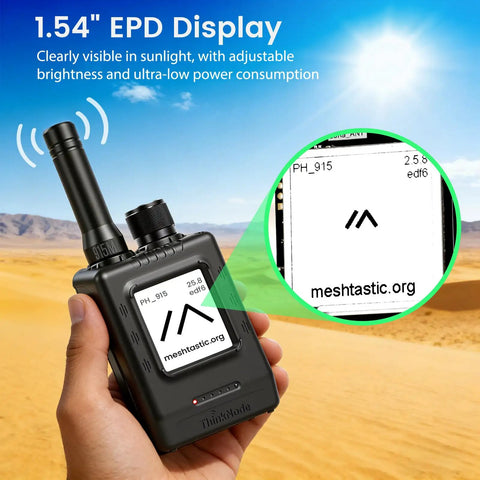 Person holding ThinkNode M1 LoRa Meshtastic Transceiver with GPS and 1.54 inch EPD screen in desert landscape.