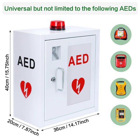 Front view of a white metal AED cabinet with snap lock, wall-mounted, red beacon atop and AED label on the door.