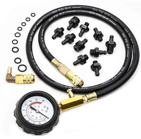 Oil pressure tester kit with gauge, black hoses, brass fittings and multiple adapters (0–140 PSI)