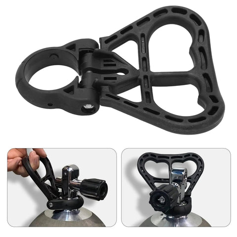 Scuba Tank Carry Handle and Folding Dive Holder Grip for 42-44mm Cylinders, highlighting non-slip design and locking mechanism.