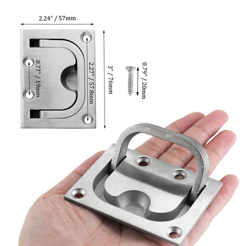 Close-up of hand holding Two Pack Marine Flush Ring Hatch Pull Handles For Boat Decks And Cabinets Recessed 316 Stainless Steel