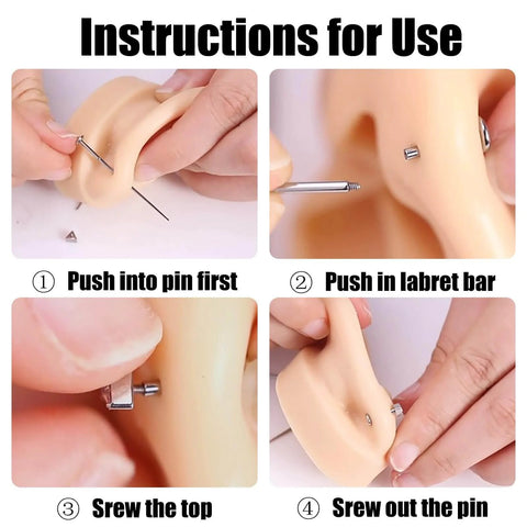 Ear piercing demonstration using Piercing Ball Grabber Reacher Tool For Easy Jewelry Swap, Pro Grade Stainless Steel Flat Back Earrings Applicator, Threadless Insertion Pin.