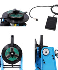 Badass Heavy Duty Rotary Welding Positioner Turntable With 30Kg Load Capacity Adjustable 0 To 90 Degree Tilt 110V Powered 3Jaw Chuck And Torch Stand For Serious Pipe Fabrication Tasks, showcasing turntable, foot pedal, and adjustable jaw chuck.