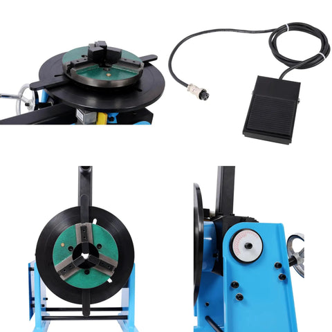 Badass Heavy Duty Rotary Welding Positioner Turntable With 30Kg Load Capacity Adjustable 0 To 90 Degree Tilt 110V Powered 3Jaw Chuck And Torch Stand For Serious Pipe Fabrication Tasks, showcasing turntable, foot pedal, and adjustable jaw chuck.