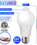 Motion Activated LED Light Bulb 60W Equivalent 8.5W A19 E26 5000K Dusk to Dawn Indoor Outdoor Security Lamp for Porch Entrance Hallway Stairs Energy Saving Auto On When Motion Detected 2 Pack, E26 base