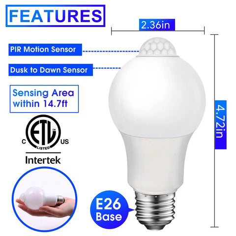 Motion Activated LED Light Bulb 60W Equivalent 8.5W A19 E26 5000K Dusk to Dawn Indoor Outdoor Security Lamp for Porch Entrance Hallway Stairs Energy Saving Auto On When Motion Detected 2 Pack, E26 base