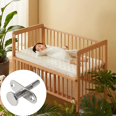 Dead Simple Spring Loaded Plunger Latches 2 Pack Rock Solid Stainless Steel Quick Release Cabinet Door Heavy Duty Hardware Rust Proof Furniture And Bed Locking Clamps with crib and sleeping baby.