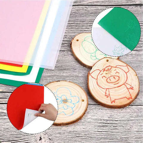 Must Have All In One Carbon Transfer Paper Kit Packed With 100 Sheets In Black Blue Red Yellow Green Plus Translucent Tracing Paper shown with wood drawings