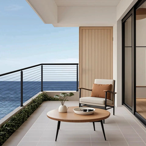 Built Solid Ready To Rock Pre Drilled Cable Railing Post Kit With 12 Holes For Level Decks And Balconies 42 Inch High four pack black stainless steel railing on balcony with ocean view.