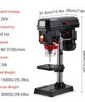 Ideally House 8 Inch Benchtop Drill Press With Powerful 2.5A Motor And Five Adjustable Speeds For Precise Wood And Metal Drilling Projects Featuring Tilting Table That Goes From Zero To Forty-Five Degrees For Angled Holes, showing specifications.